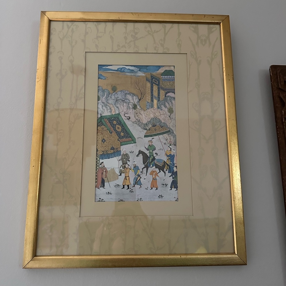 Persian painting Garden Of Husayn Bayqara Bihzad Framed gold leaf horseback 70s